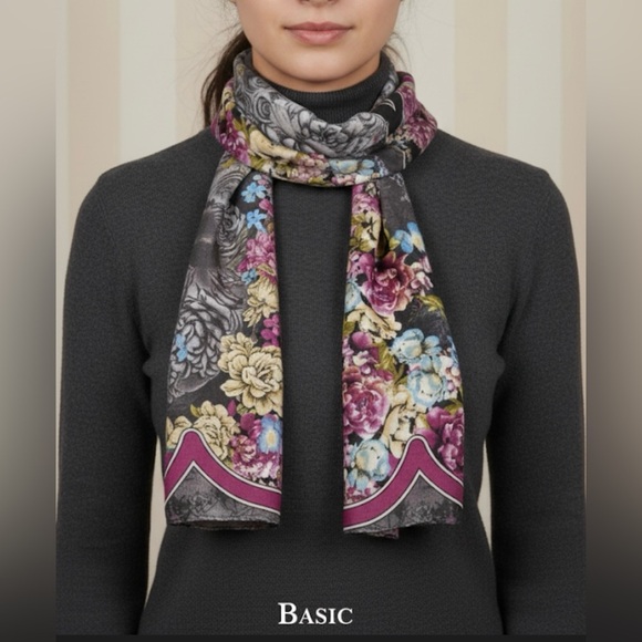 Elegant Vibrant Coloured Floral Print Scarf with Frayed Edge - Picture 10 of 10